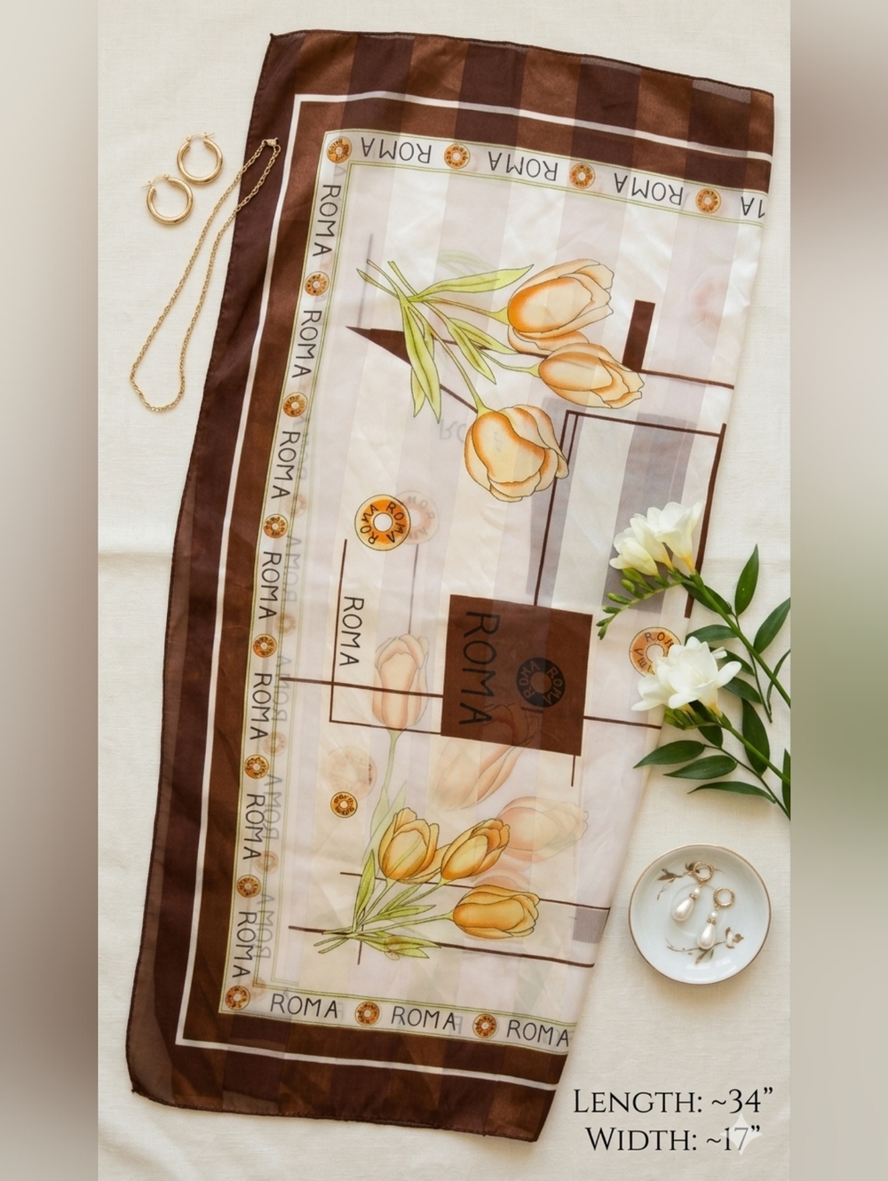 Roma Italian Style Floral Silk Feel Scarf Brown & Cream Tulip Print